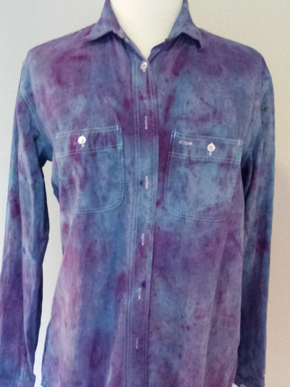 Cotton denim indigo painted custom western tie dyed Purple Blue gray Shirt small
